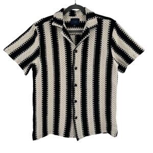 Marc Asher Mens Small Black Off White Open Crochet Boho Resort Button Up Shirt